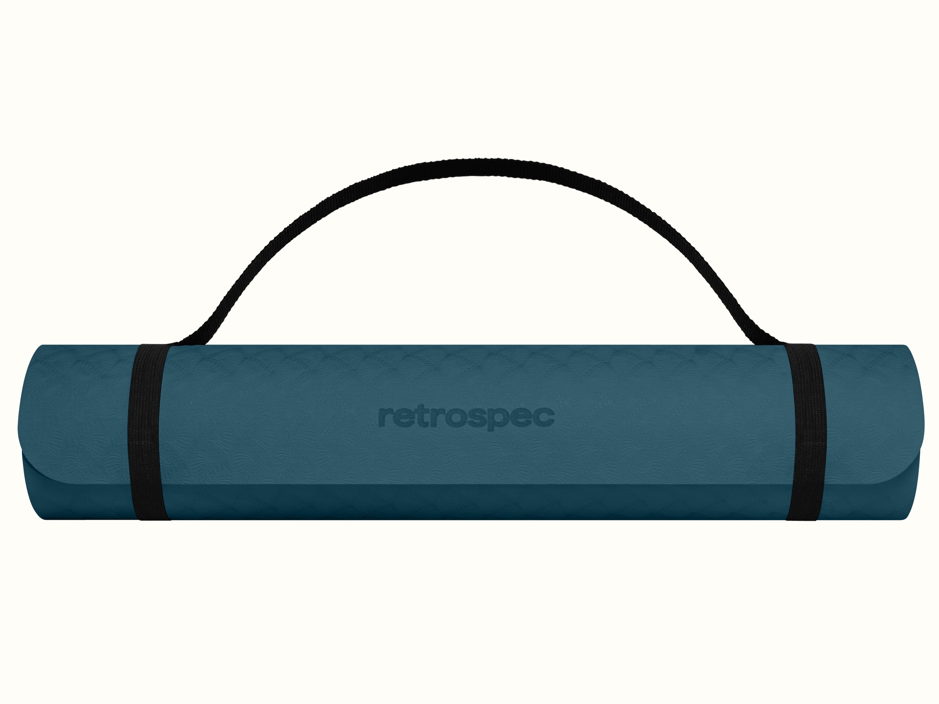 retrospec Zuma Yoga Mat rolled up and secured with black carry straps and a carrying handle, shown in Ocean Blue with an embossed wave pattern and retrospec logo on front.