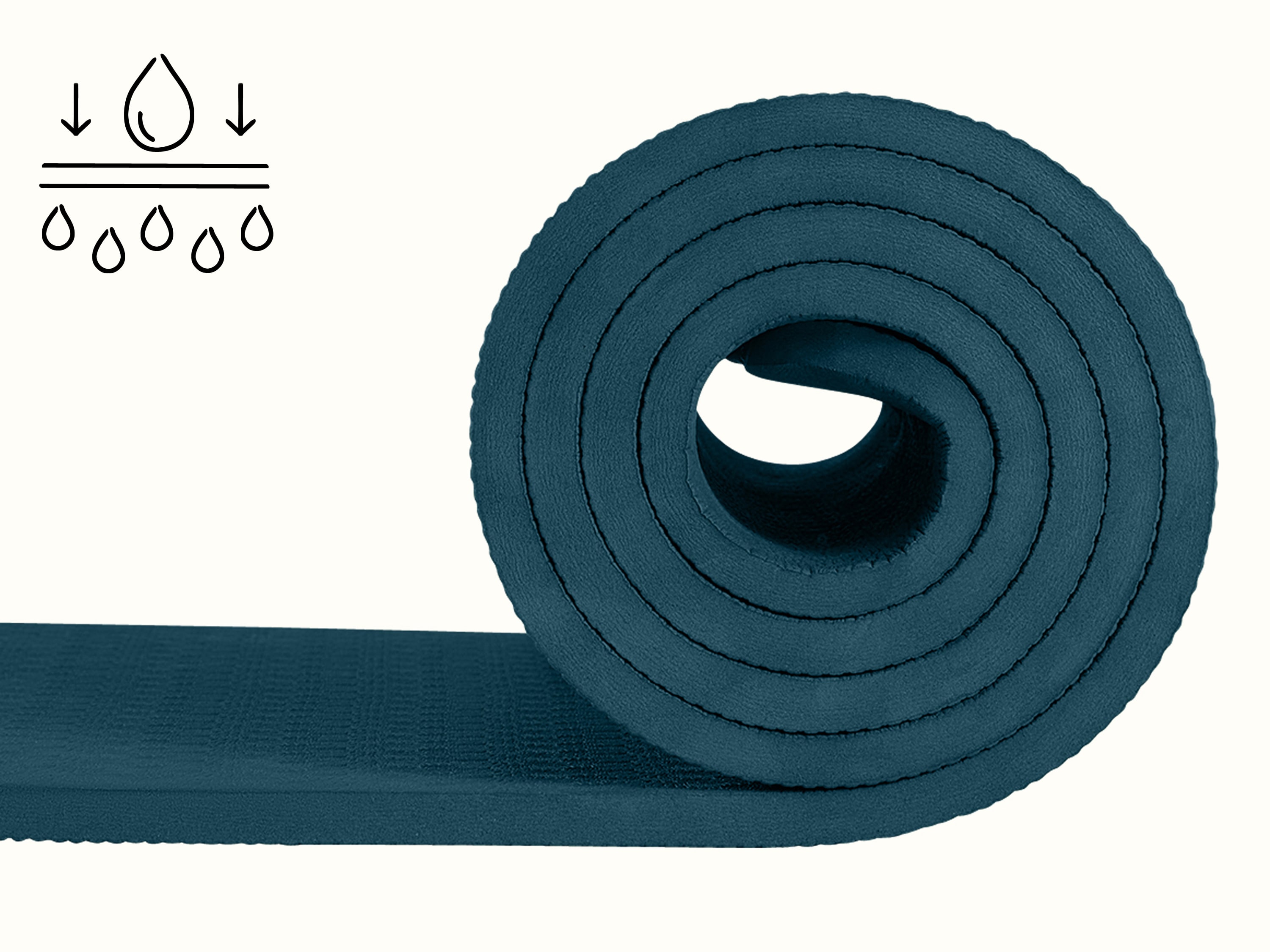 retrospec Zuma Yoga Mat rolled up in Ocean Blue, with a moisture-wicking icon highlighting the mat's sweat-resistant surface.