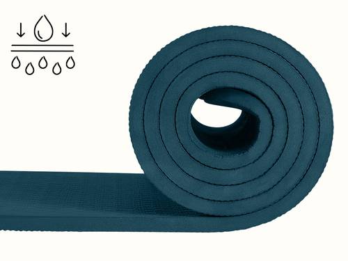 retrospec Zuma Yoga Mat rolled up in Ocean Blue, with a moisture-wicking icon highlighting the mat's sweat-resistant surface.