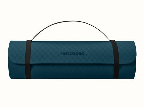 retrospec Zuma Yoga Mat rolled up and secured with black carry straps and a carrying handle, shown in Ocean Blue with an embossed wave pattern and retrospec logo on front.