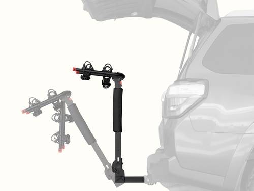 retrospec Lenox Plus Hitch Mount Car Bike Rack (2-Bike) shown in both upright and tilted-down positions on the rear of an SUV with its trunk open, demonstrating the rack's tilt-away feature for easy cargo access.