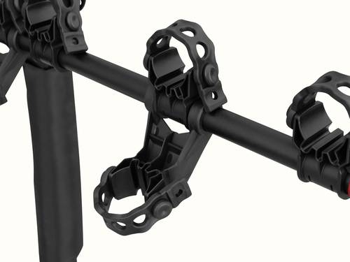 Close-up of a retrospec Lenox Plus Hitch Mount Car Bike Rack showing the adjustable padded frame cradle clamps, highlighting the rubberized grips and locking mechanisms that secure bike frames in place.