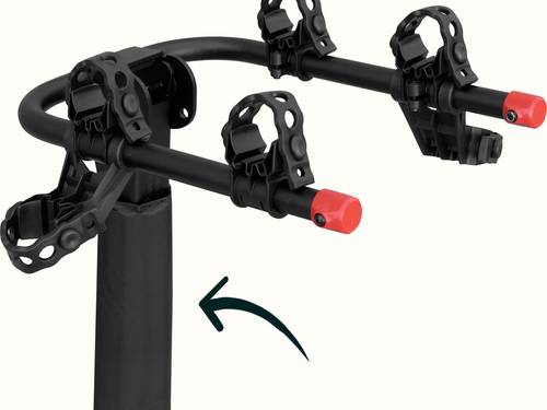 Close-up of a retrospec Lenox Plus Hitch Mount Car Bike Rack showing the padded center mast with a black arrow pointing to the foam padding, highlighting the protective sleeve that prevents frame scratches during transport.