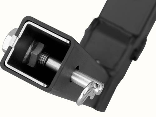 Close-up detail of the Lenox Plus Hitch Mount Car Bike Rack receiver showing the steel hitch pin and clip securing the rack's mounting shank in place.