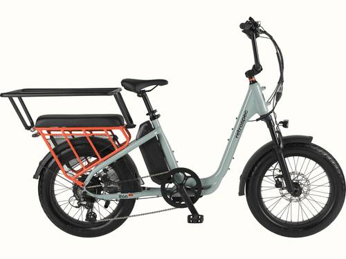 Side profile of the retrospec Roo Rev electric cargo bike in mint with an orange rear rack, passenger seat, and black tires on a white background.