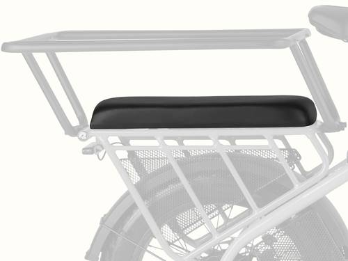 retrospec Roo Rev Passenger Seat Pad in black installed on the rear rack of the Roo Rev Electric Cargo Bike along with the Passenger Handrail.