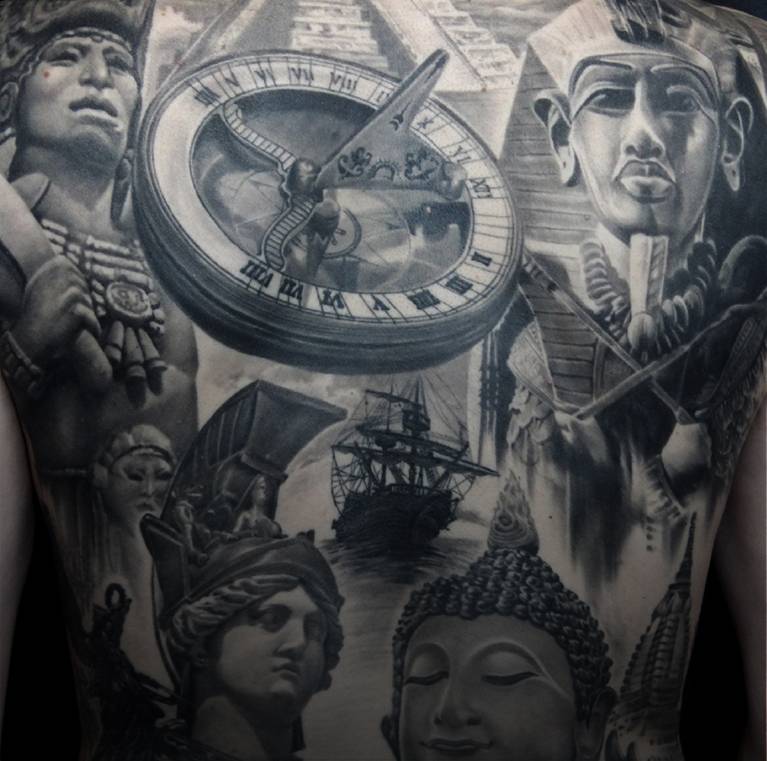 Tattoo collage featuring ancient statues, a sundial, and a ship.