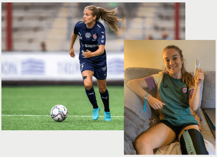 Fiona Brown Professional Footballer representing FC Rosengard and the Scottish National Football Team shown playing football in one image and wearing a compression recovery boot and holding a U Perform Active Collagen gel in hand in another image.