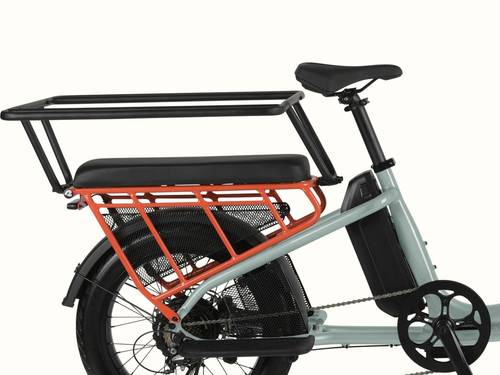 retrospec Roo Rev XL cargo electric bike showing rear rack, passenger seat, and passneger handrail.