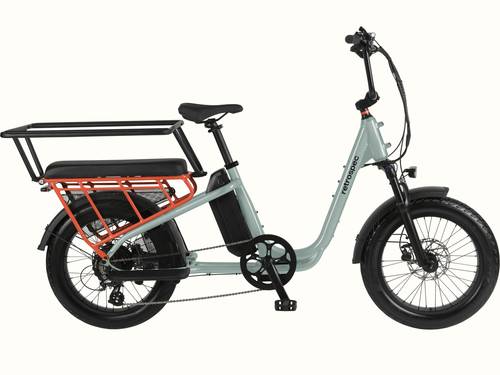 retrospec Roo Rev XL cargo ebike in mint green with orange rear rack, bench seat, and passenger handrail.