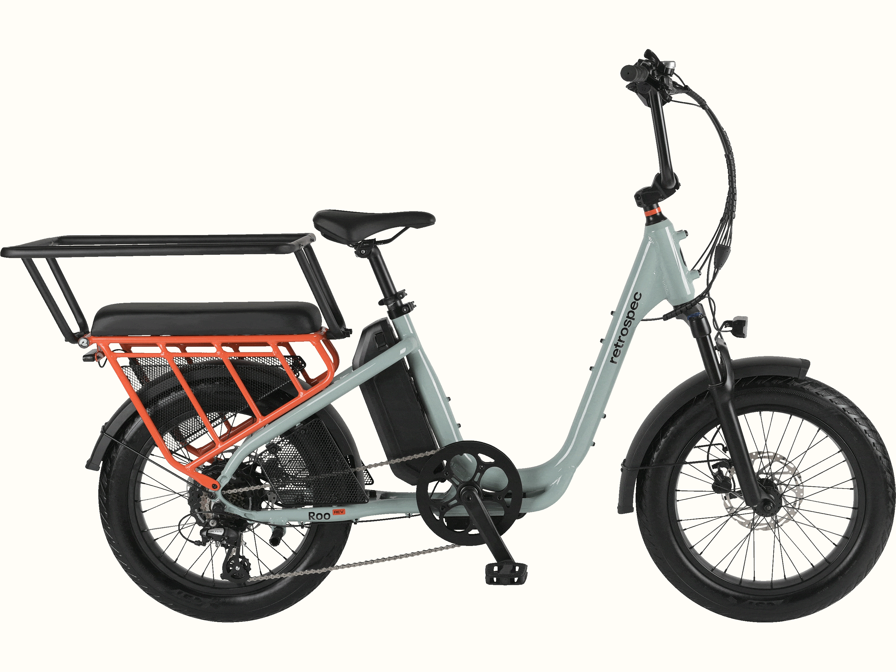 retrospec Roo Rev XL cargo electric bike in mint green with orange rear cargo rack, side profile view