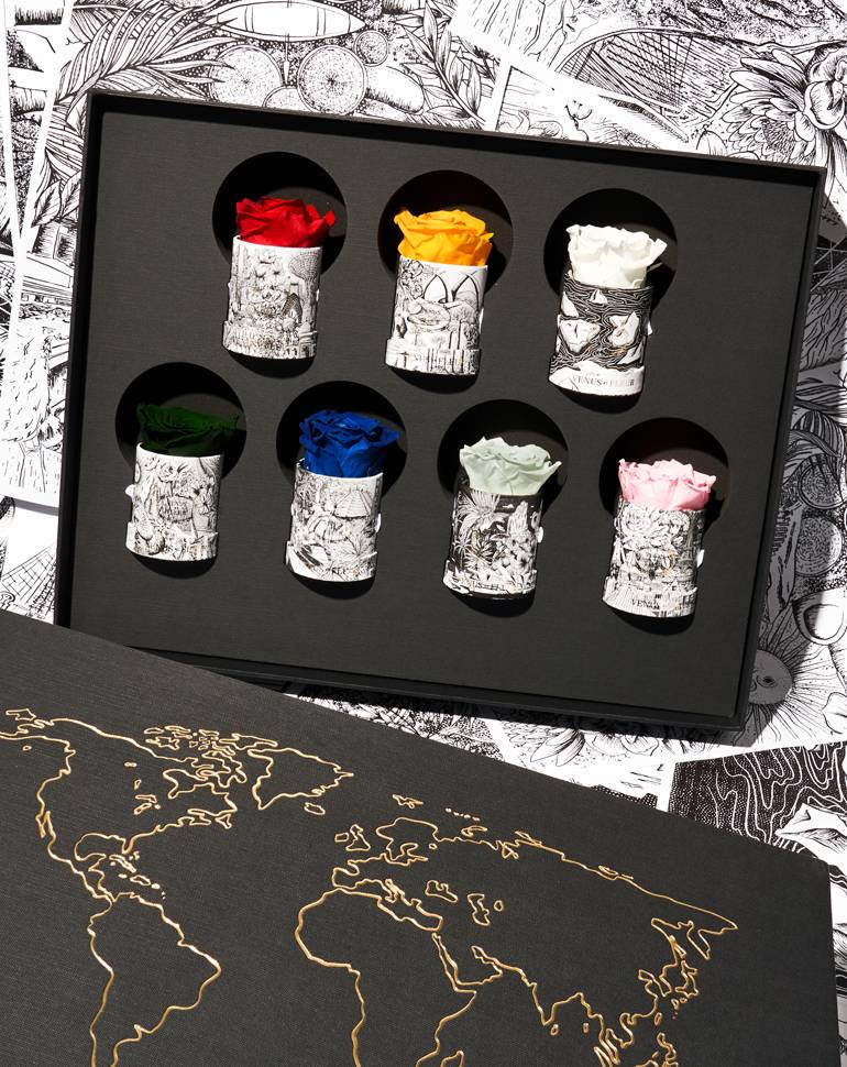 Back box with seven individual vases with a singular different colored rose in each vase