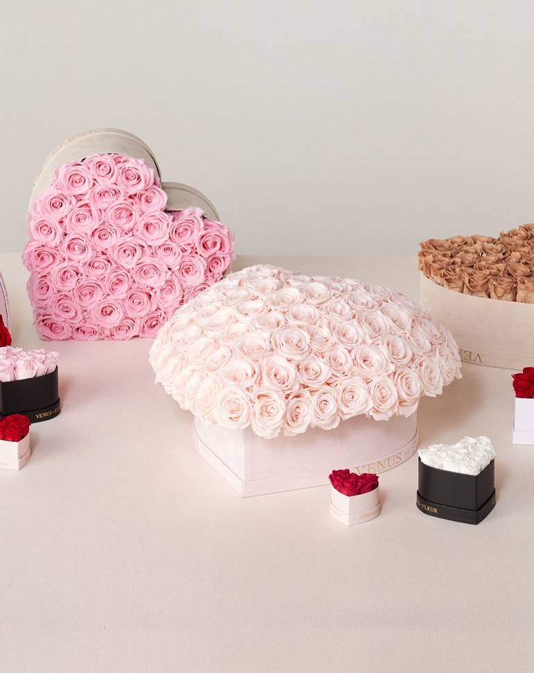 array of Heart shaped Venus et Fleur flower boxes
