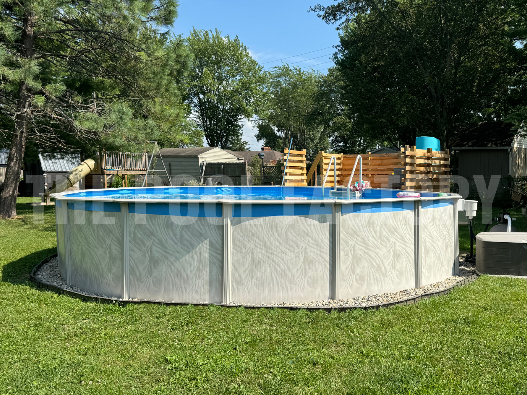 Round above ground pool in a backyard with green grass