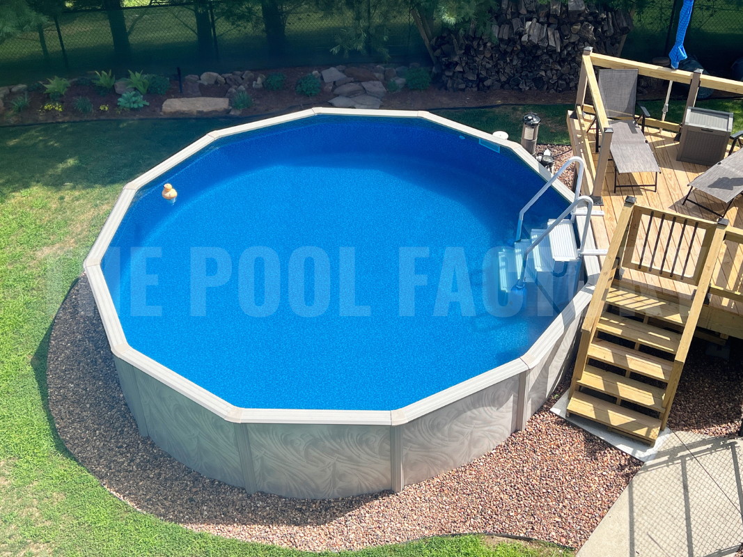 Family-friendly above ground round swimming pool with a partial deck and lounge seating