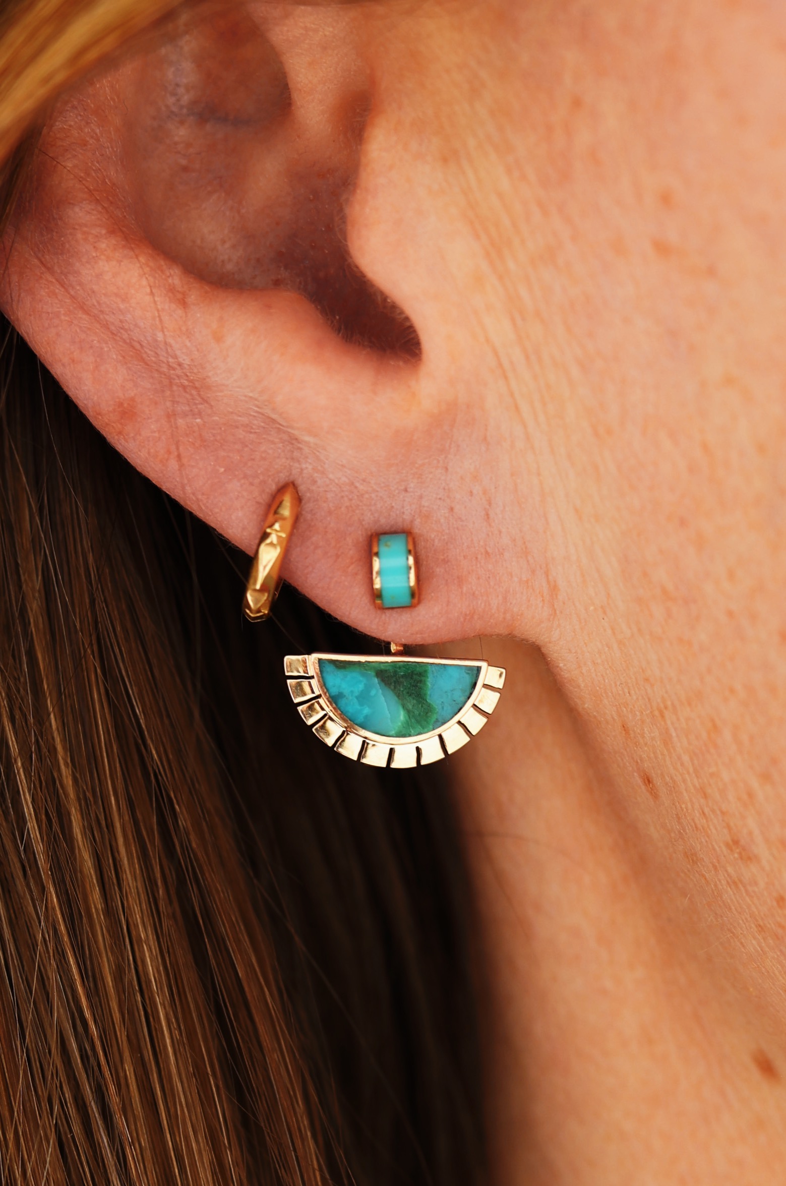 Chrysocolla And Yellow Gold Ear Jacket Style Earrings