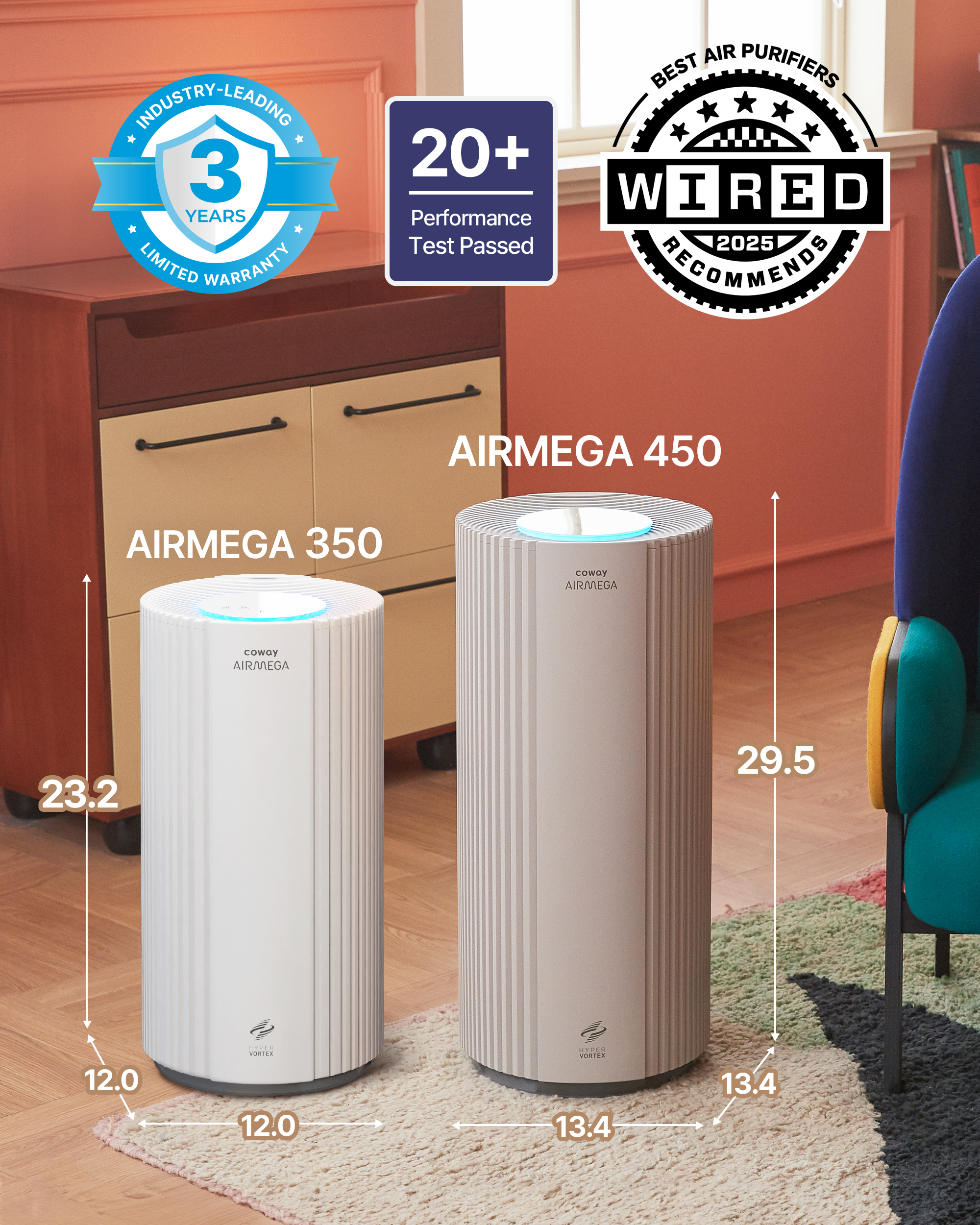 Airmega 350 and 450 in a large living room. Both come with a warranty