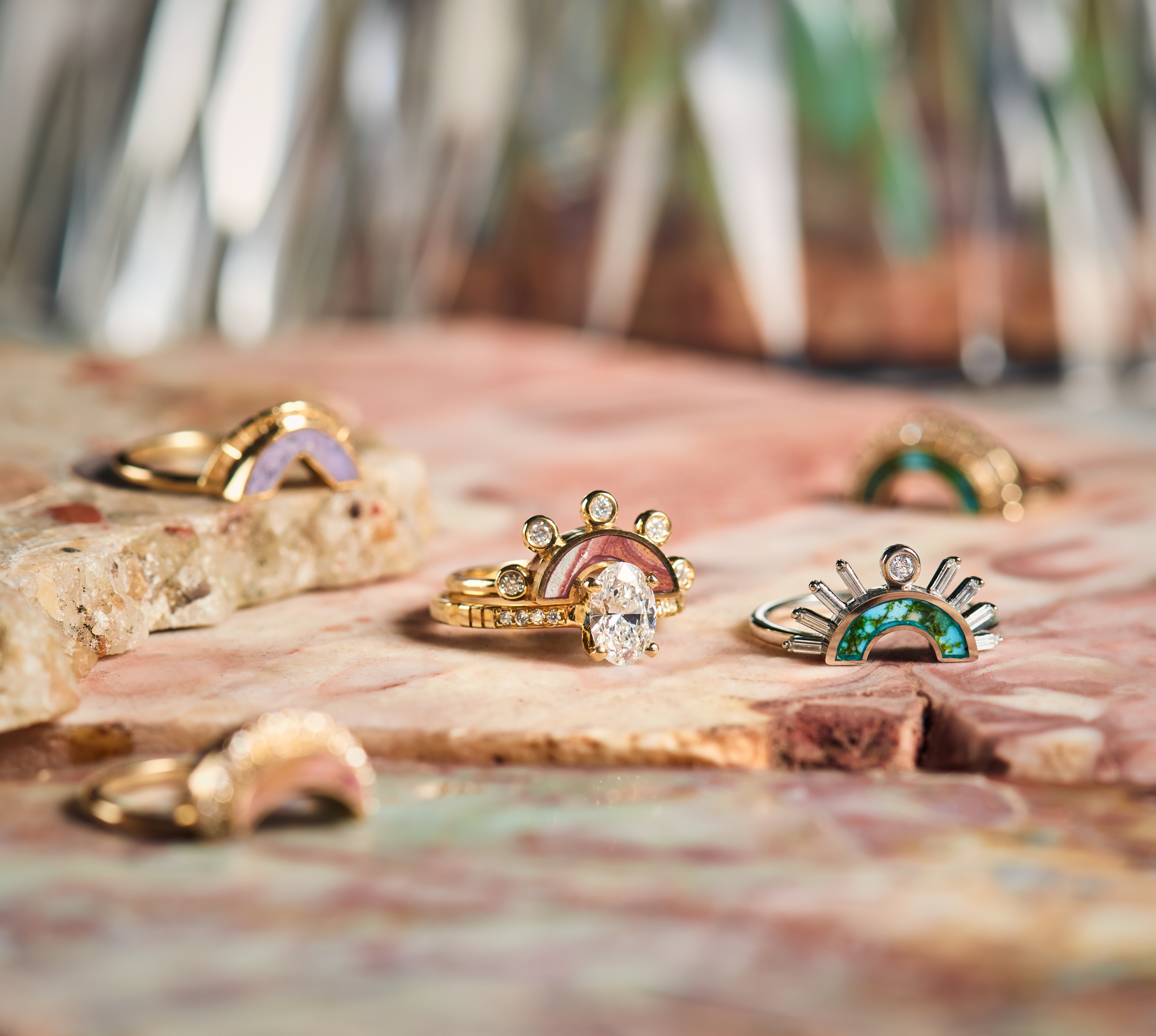 American mined inlay jewelry in yellow gold with white diamond accents