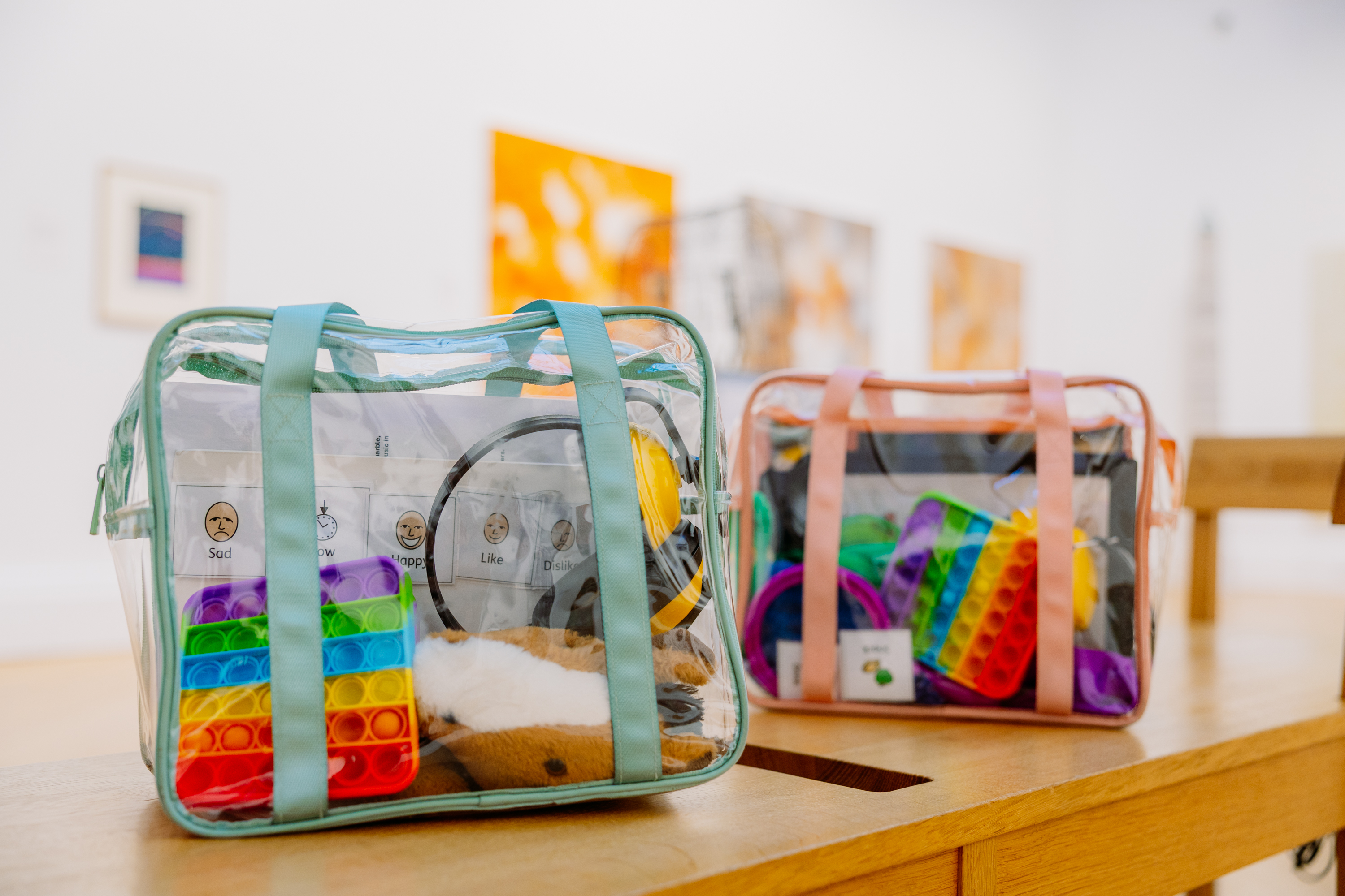 Sensory bags lined up in the gallery on a bench 