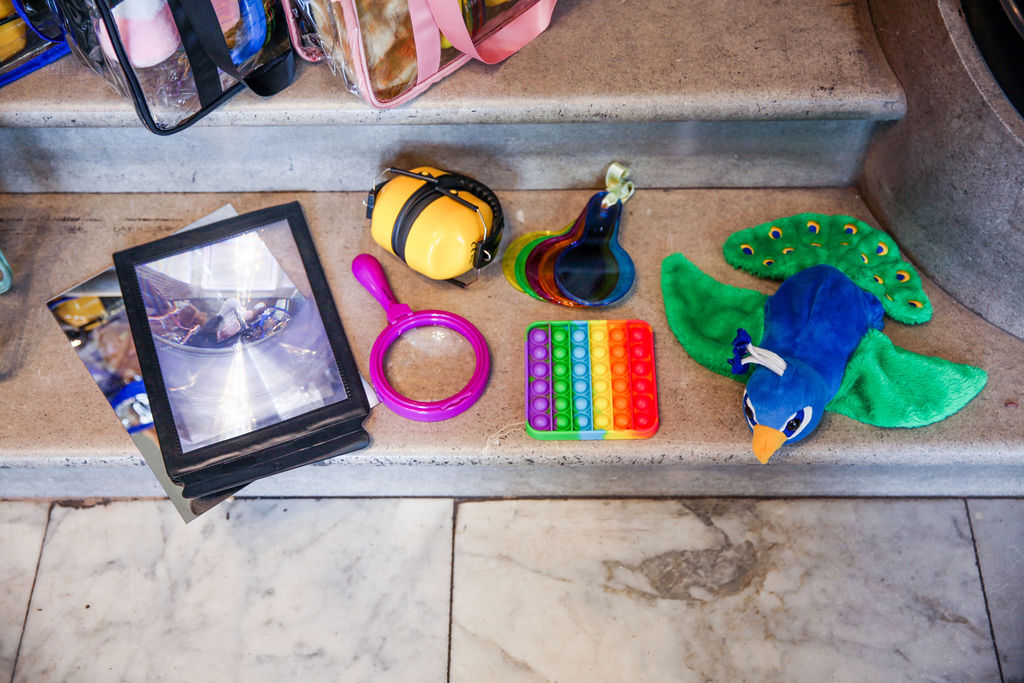 The contents of a sensory bag including noise cancelling headphones, hand puppets, a fidget toy, magnifying glass and coloured filters 