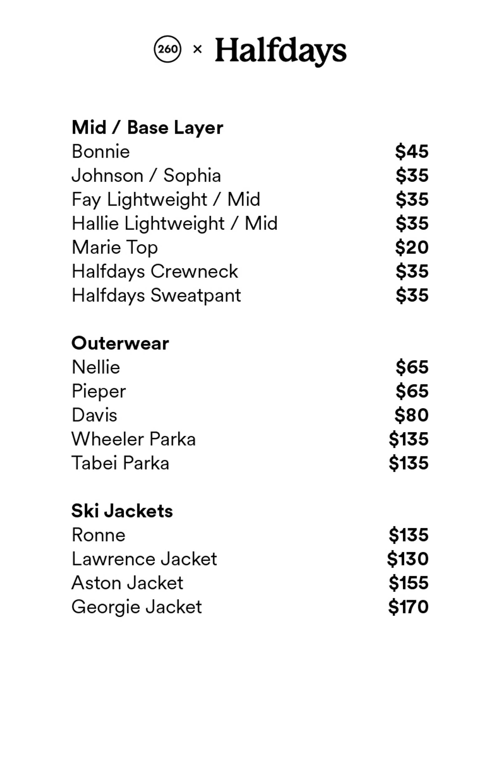 Price list