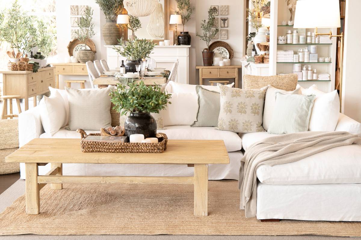 A stunning living room at the Alfresco Emporium Collaroy store that features a raw elm table, linen modular lounge and soft green cushions. 