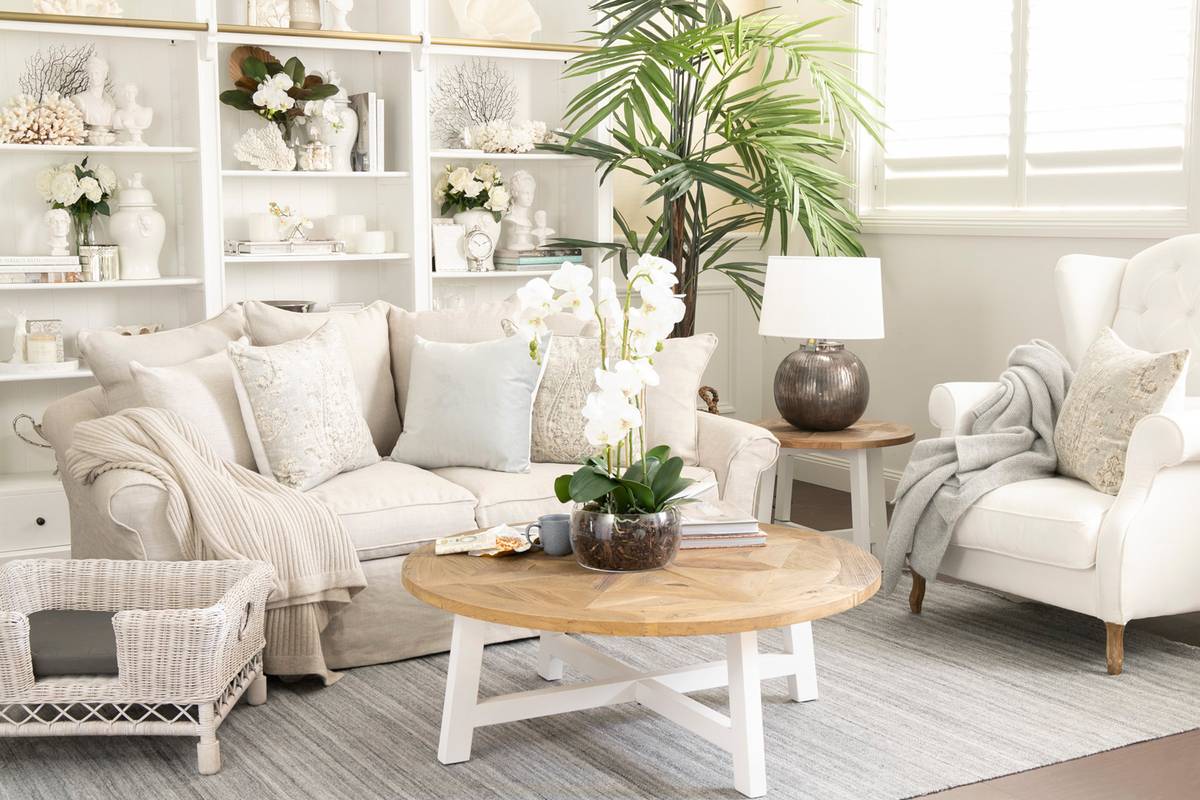 An all white lounge room featuring a white lounge with soft blue cushions in front of a white bookcase at our Alfresco Emporium Collaroy store.