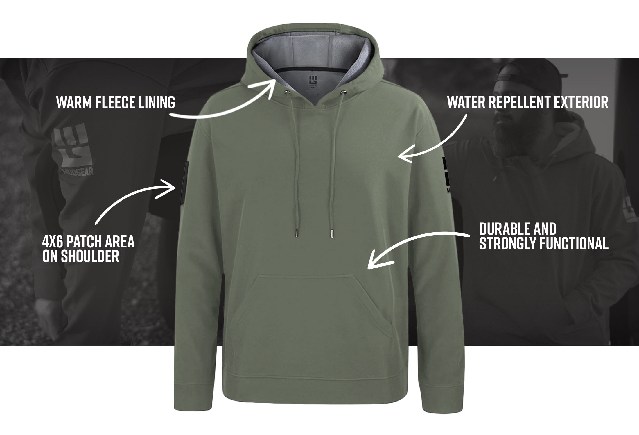 Infographic of MudGear All-Weather Warrior Hoodie - Olive Drab Green