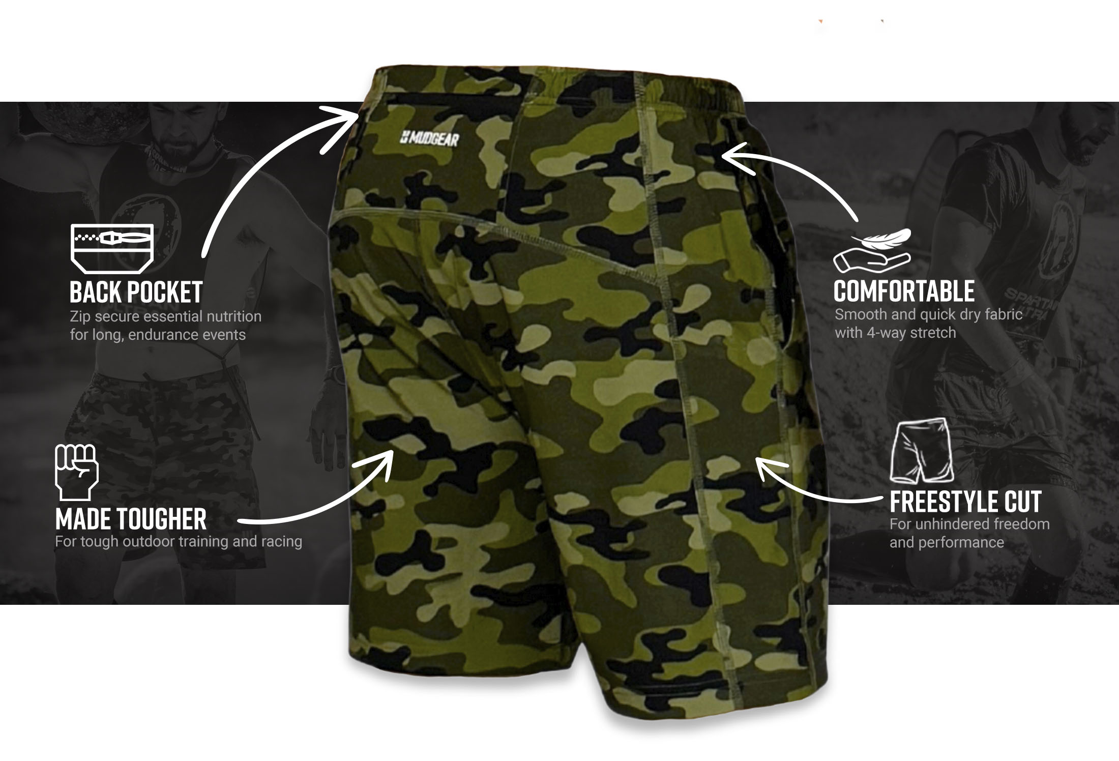 Infographic of Men's Freestyle Running Shorts (Green Camo)