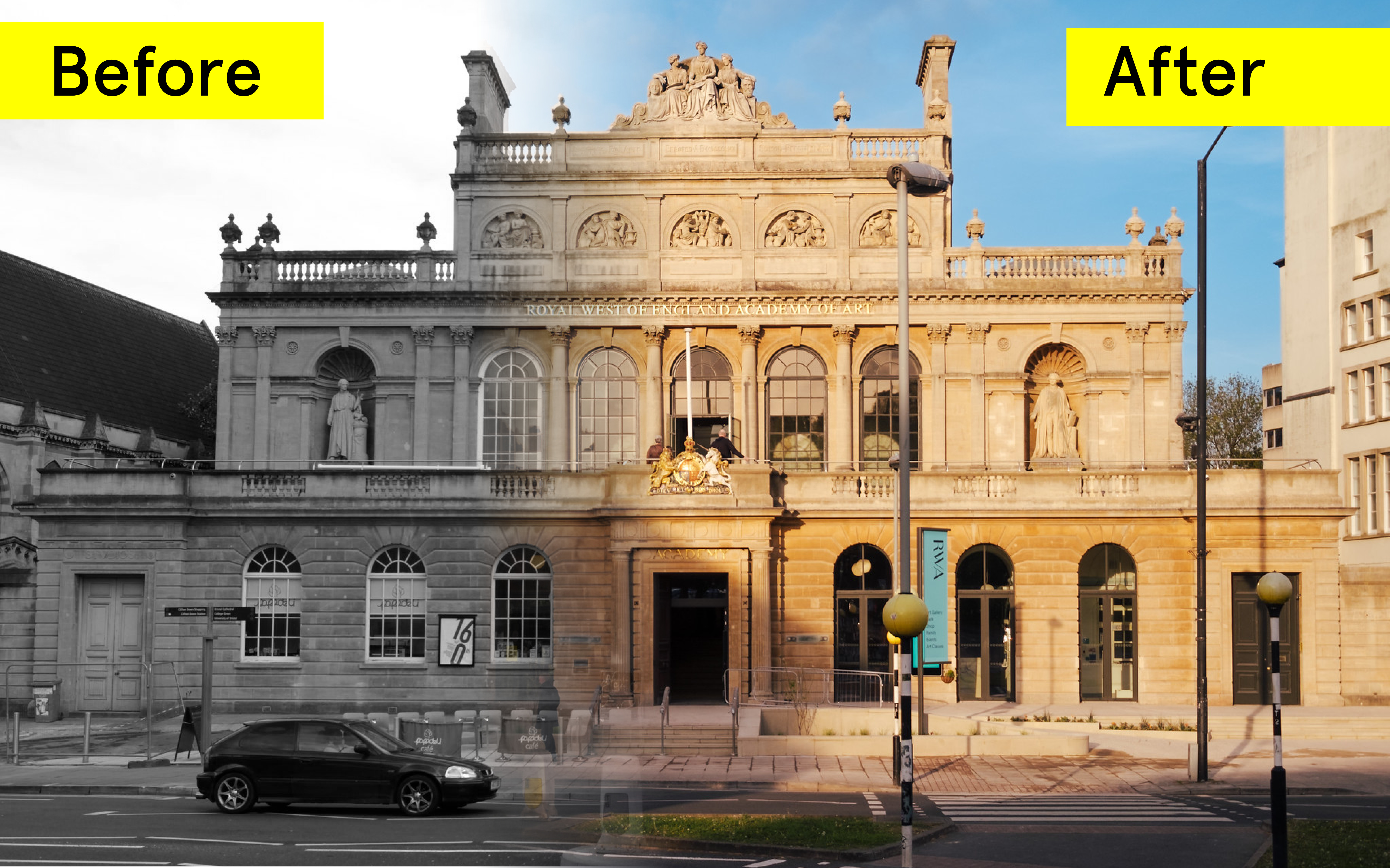 A photograph of the old RWA building fading into the new building showing the changes for the forecourt and windows. 