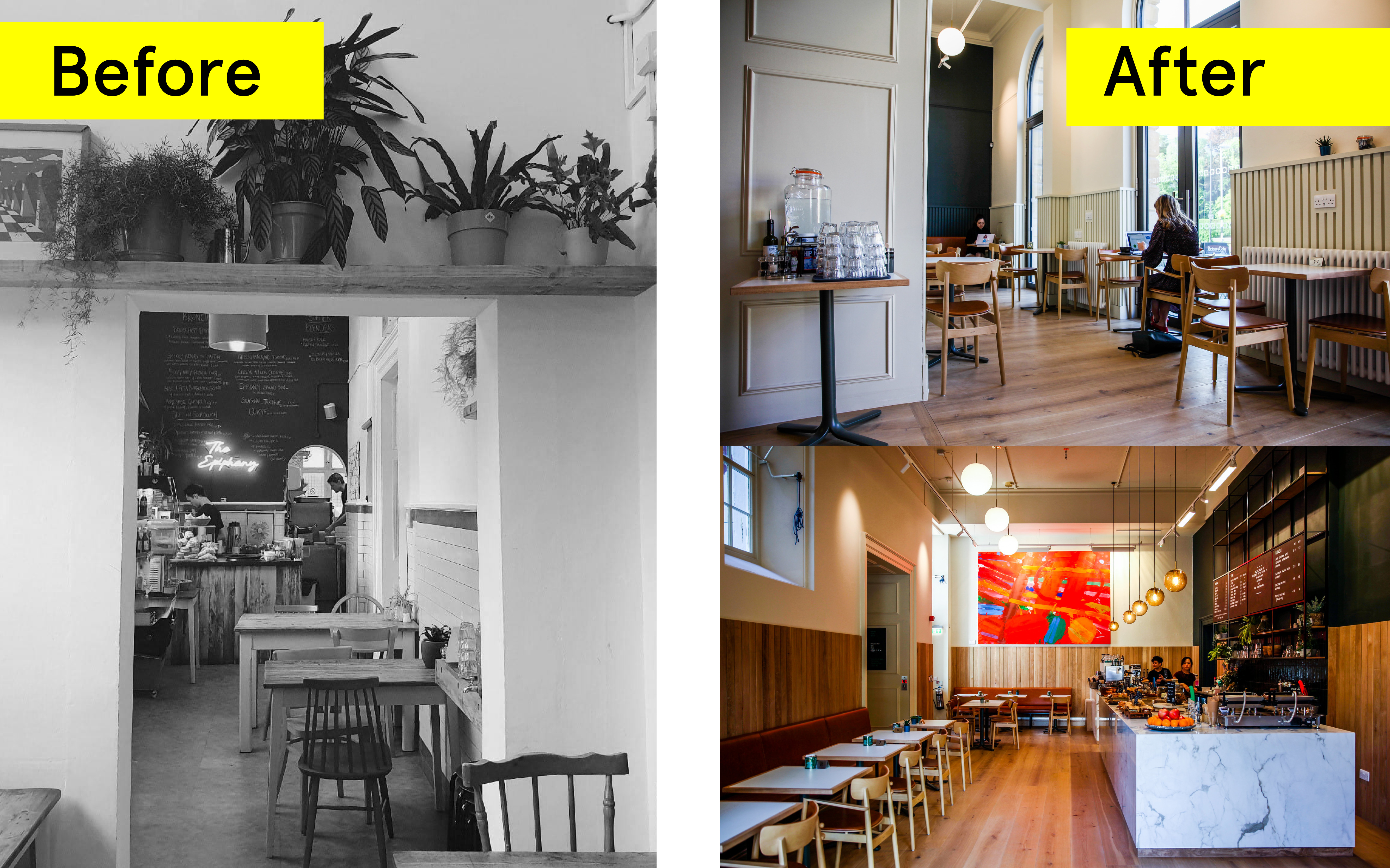 3 photographs of the RWA cafe. On the right hand side a greyscale photo of the old cafe and on the right two photos of the new cafe after the building transformation 