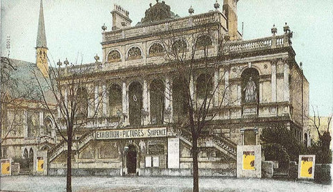 An old coloured photograph of the outside of the RWA 