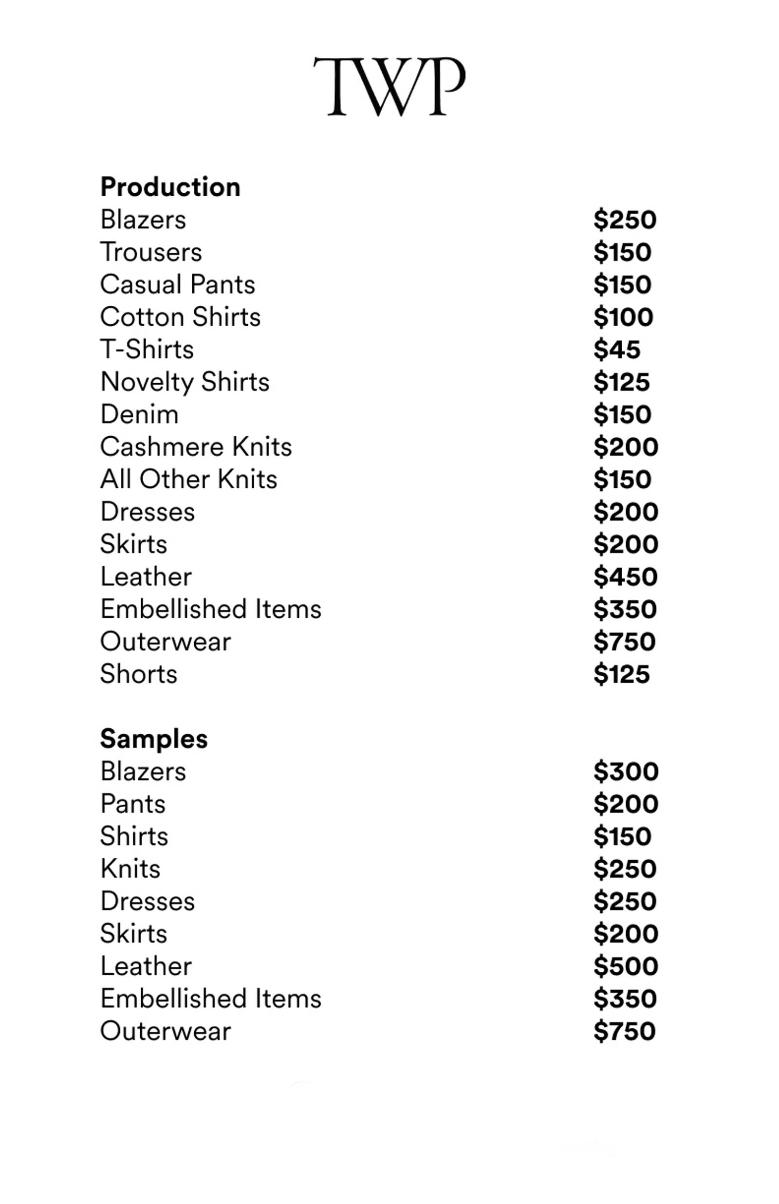 Price list