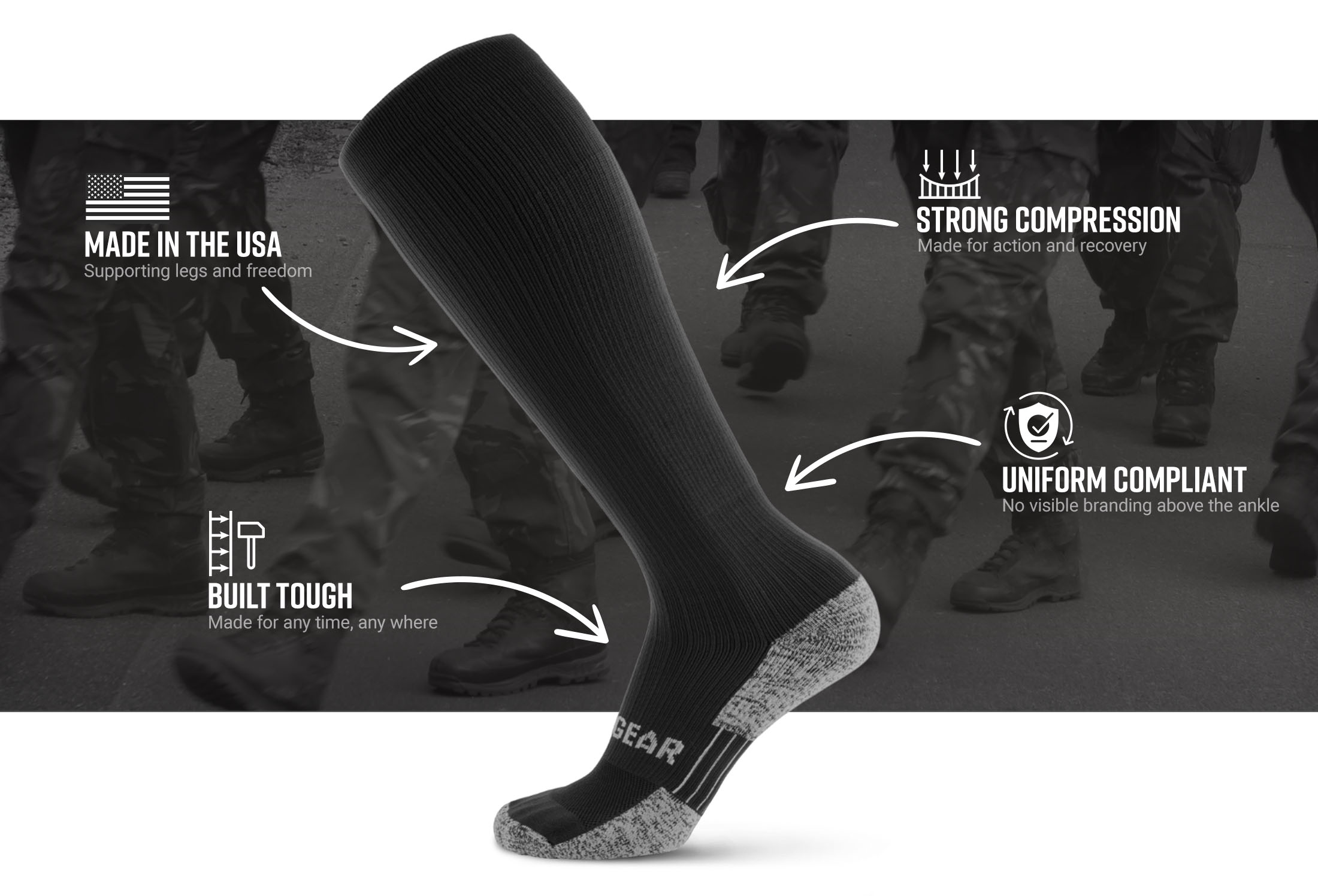 Infographic of Tall Compression Socks Tactical Line (All Black)