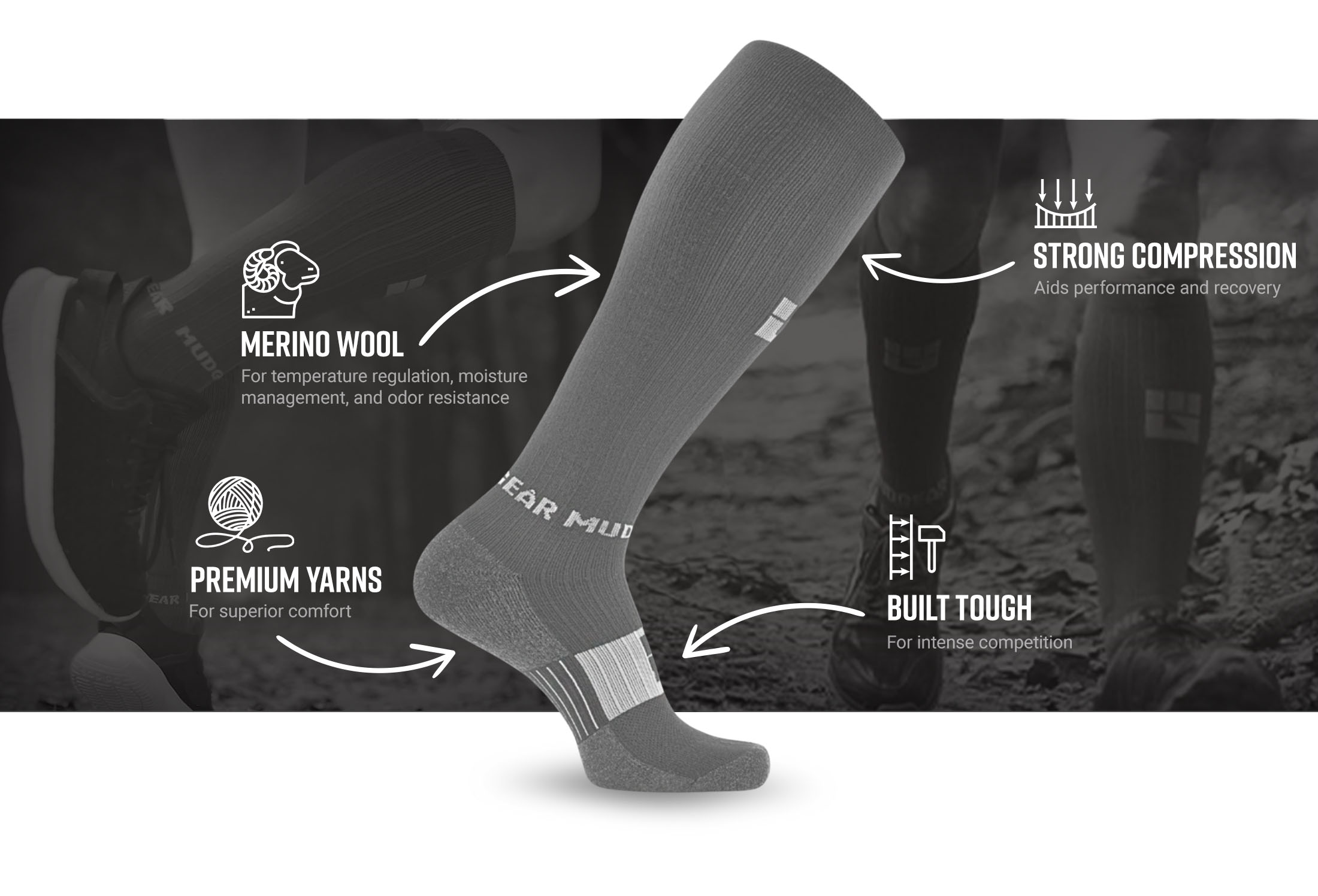 Infographic of MudGear Tall Compression Merino Wool Socks - Gray/Light Gray (1 Pair)
