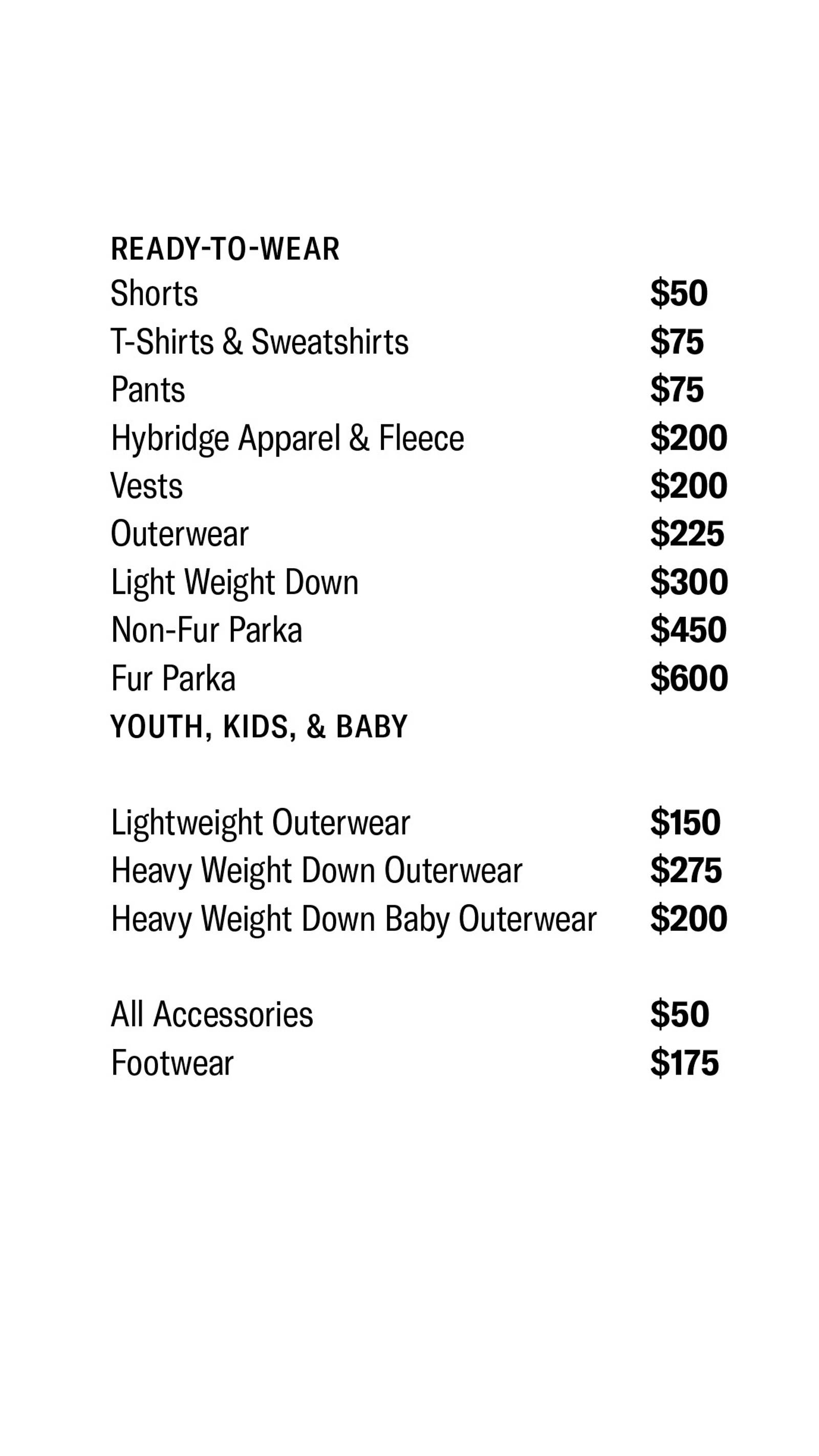 Price list