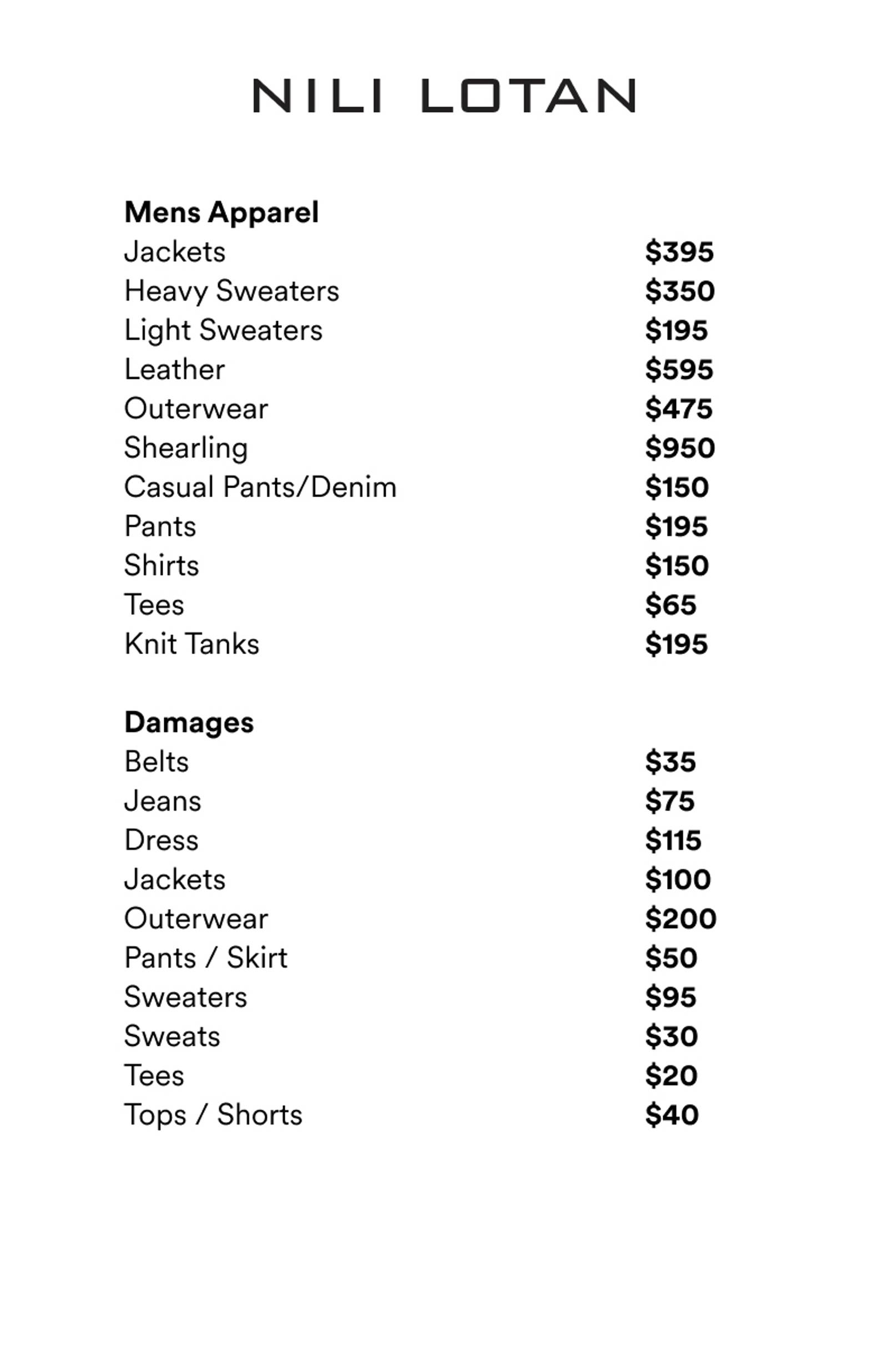 Price list