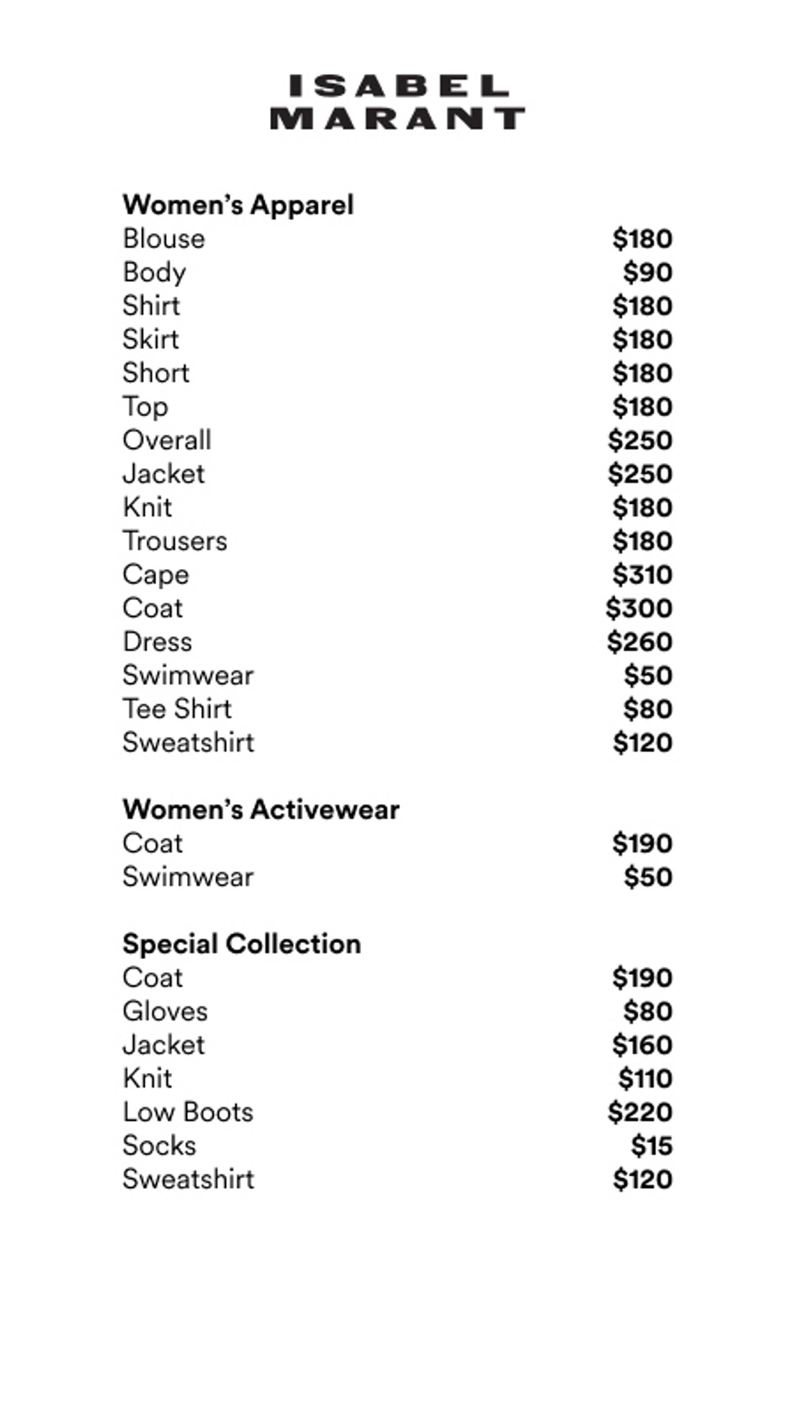 Price list