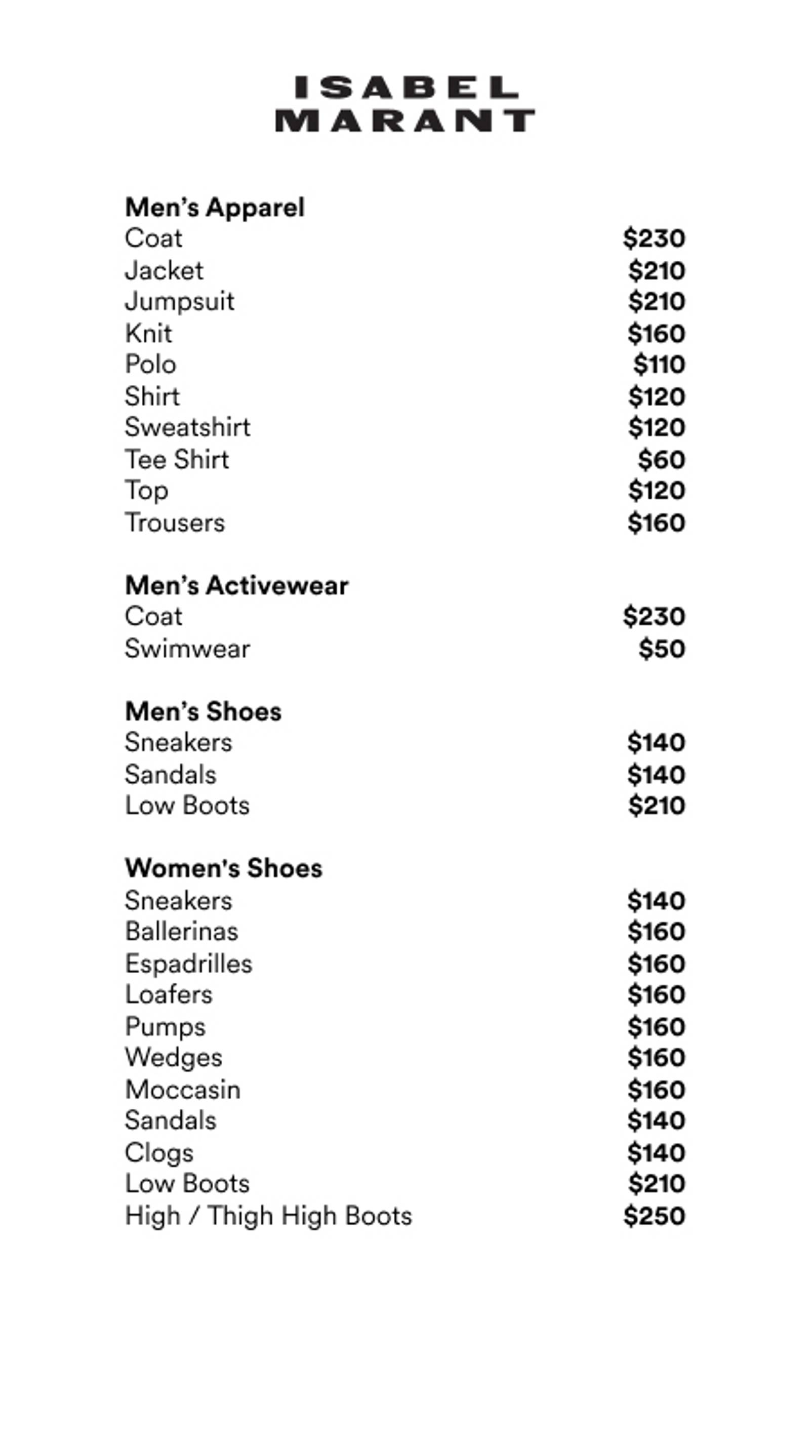 Price list